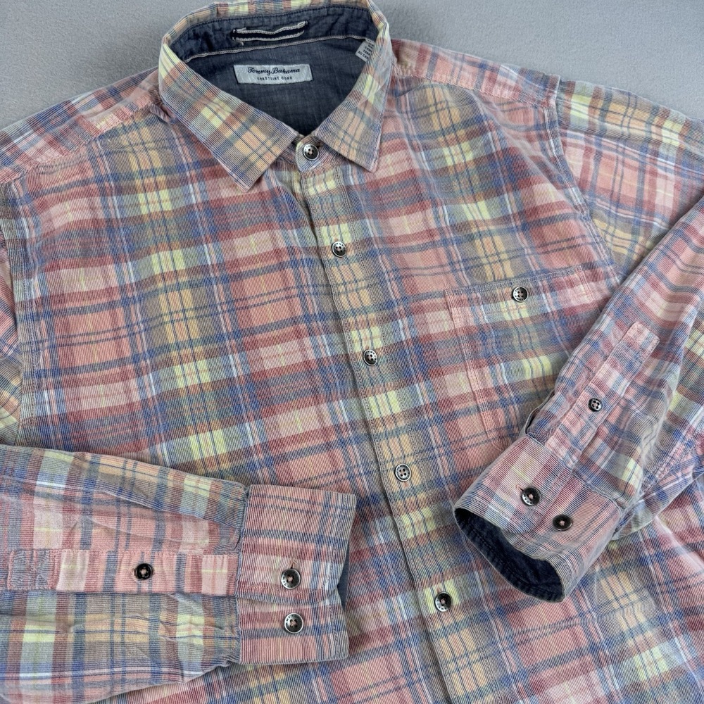 Tommy Bahama Coastline Corduroy Shirt Men XL Plaid Beach Long Sleeve Pink Yellow